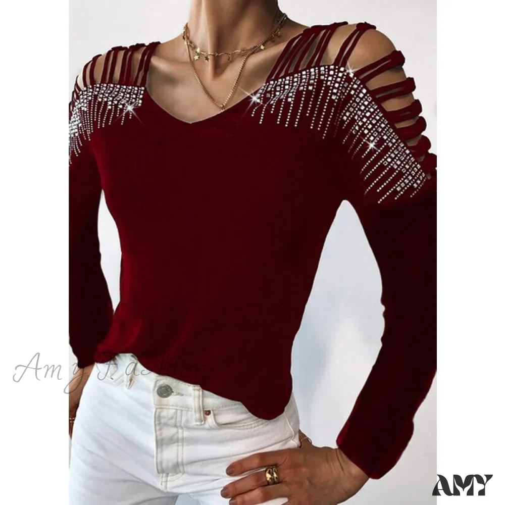 Amy Fashion - Sequins Cold Shoulder Long Sleeves Irregular V-neck Shirt - Image 3