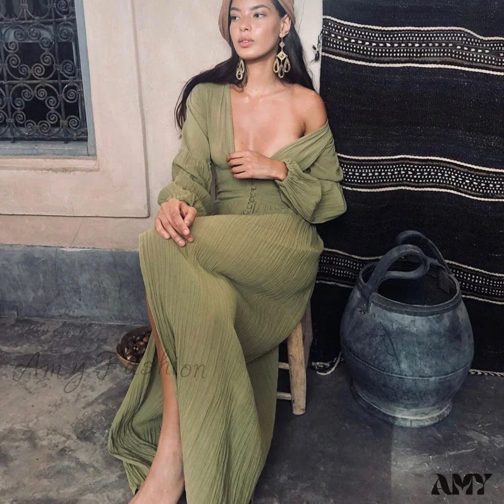 Amy Fashion - Romance V Neck Single-breasted Long Sleeve Maxi Dress - Image 3
