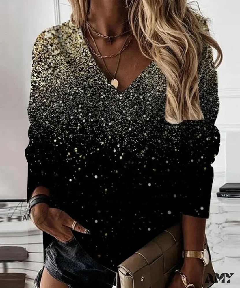 Amy Fashion - Loose V-neck Sequined Long Sleeve Pullover - Image 4