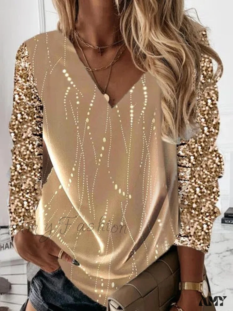 Amy Fashion - Loose V-neck Sequined Long Sleeve Pullover - Image 5