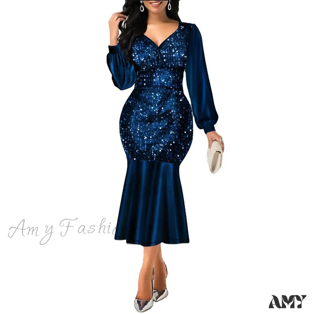 Amy Fashion - Sexy V Neck Sequin Evening Wedding Party Dress