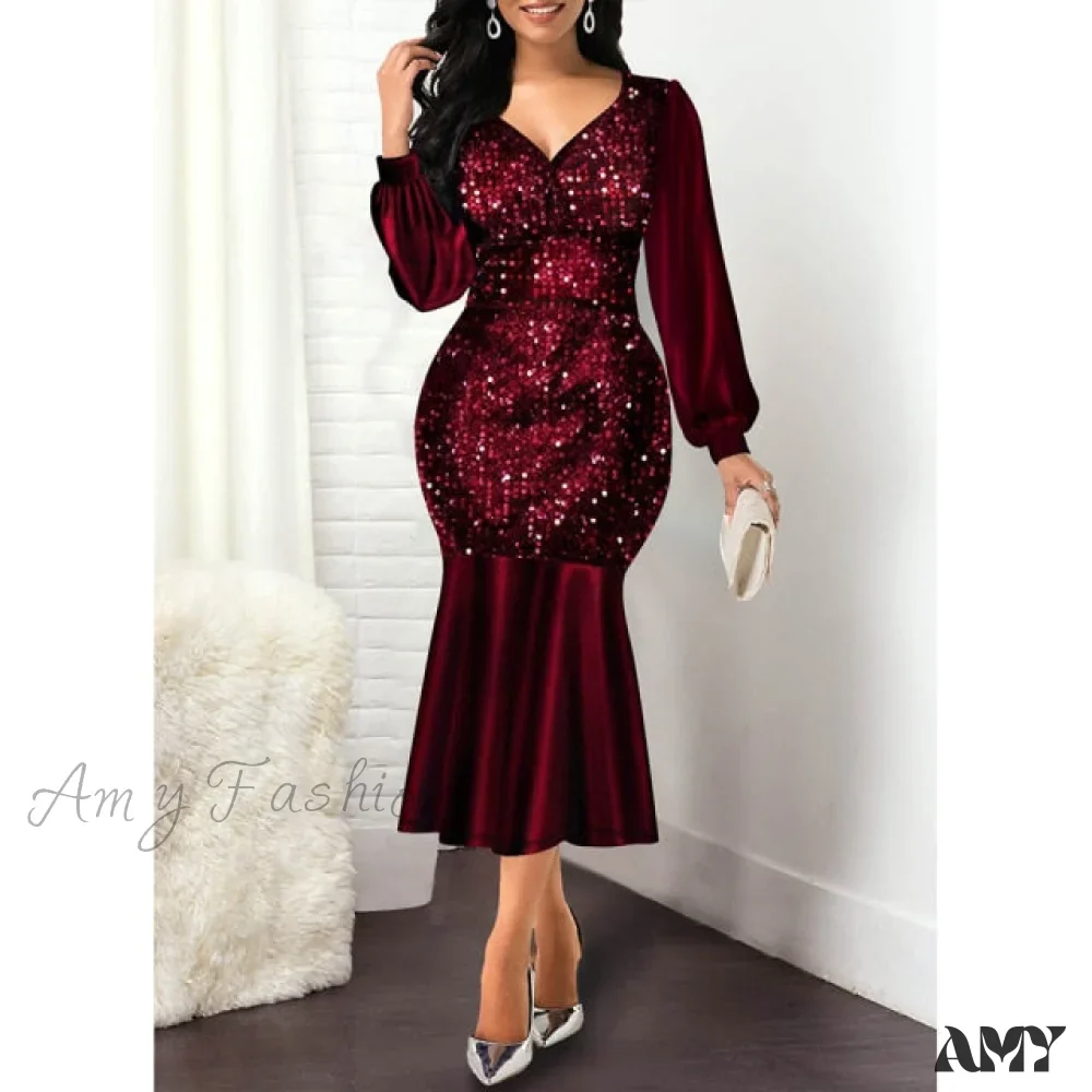 Amy Fashion - Sexy V Neck Sequin Evening Wedding Party Dress - Image 2