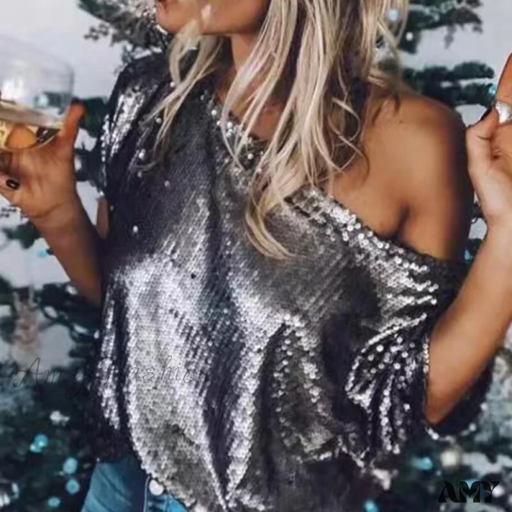 Amy Fashion - Half Sleevele Glitter Solid Sequin T-Shirt Blouse - Image 4