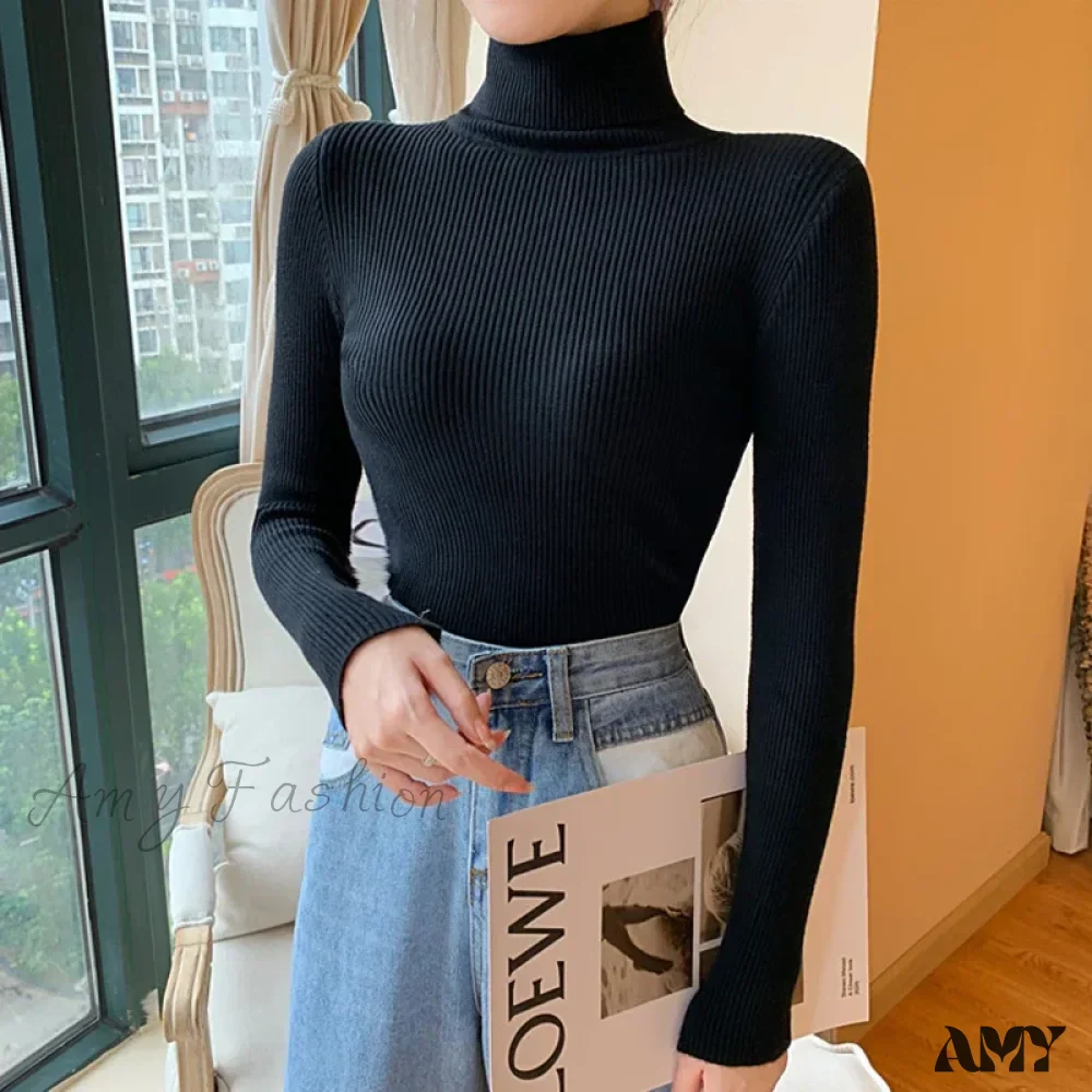 2024 Autumn Winter Women Long Sleeve Knitted Foldover Ribbed Pull Soft Warm Sweater - Image 4