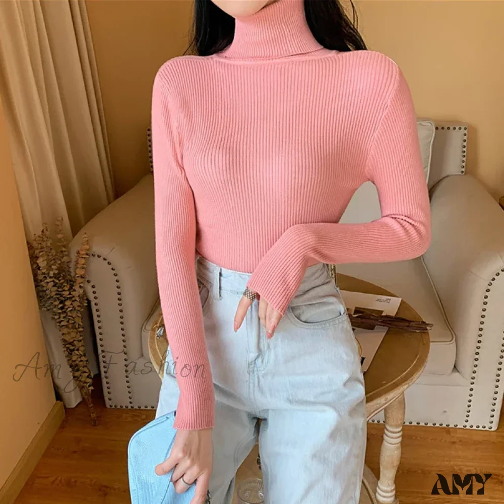 2024 Autumn Winter Women Long Sleeve Knitted Foldover Ribbed Pull Soft Warm Sweater - Image 8