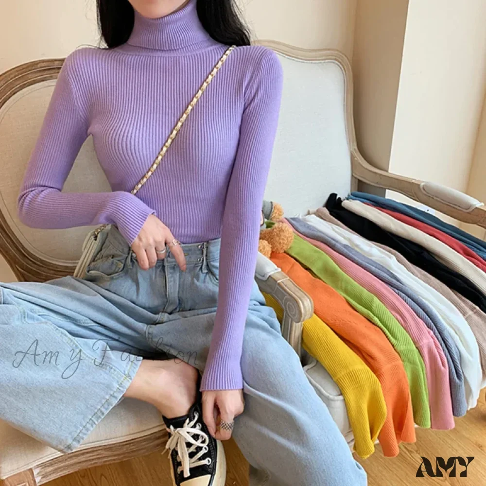 2024 Autumn Winter Women Long Sleeve Knitted Foldover Ribbed Pull Soft Warm Sweater - Image 9