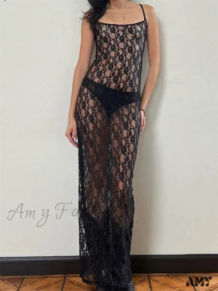 Amy Fashion - Lace Floral Mesh See Through Summer Beach Cover Ups Women Sleeveless Strap Solid Slim Vestidos