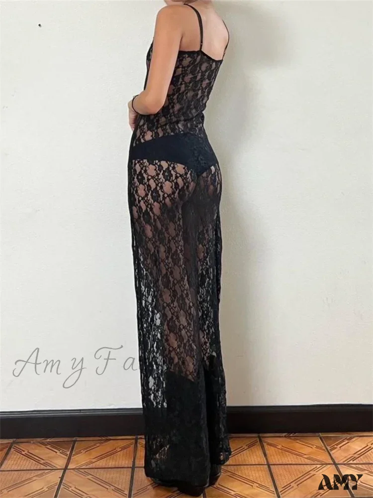 Amy Fashion - Lace Floral Mesh See Through Summer Beach Cover Ups Women Sleeveless Strap Solid Slim Vestidos - Image 2