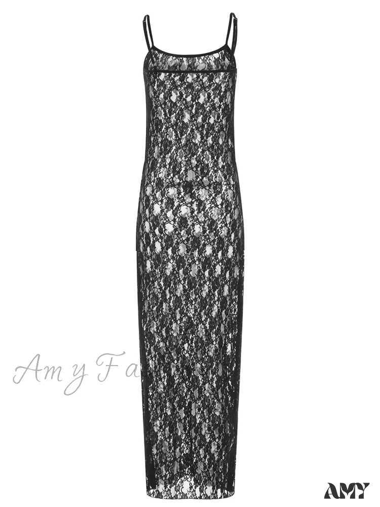 Amy Fashion - Lace Floral Mesh See Through Summer Beach Cover Ups Women Sleeveless Strap Solid Slim Vestidos - Image 3