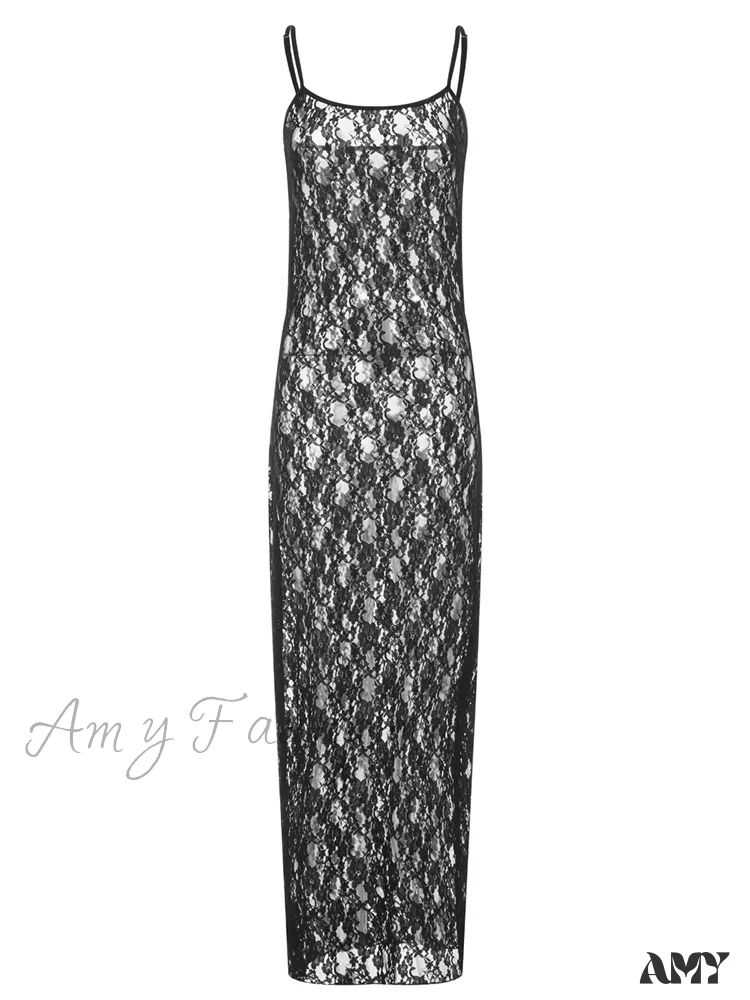 Amy Fashion - Lace Floral Mesh See Through Summer Beach Cover Ups Women Sleeveless Strap Solid Slim Vestidos - Image 4