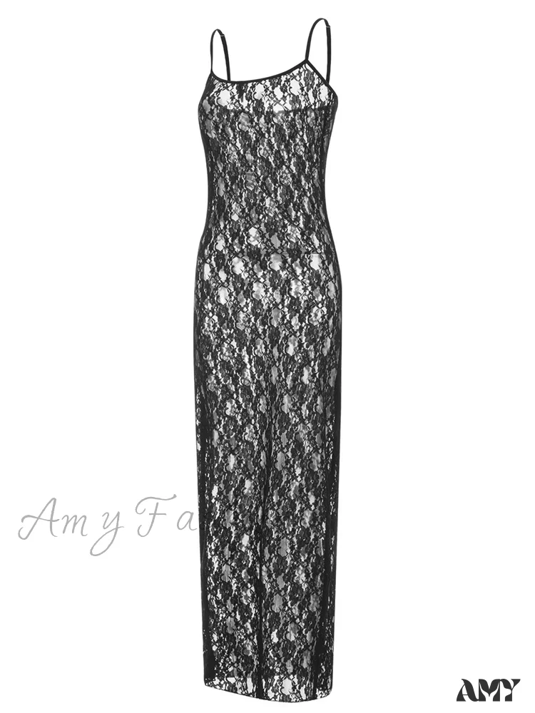 Amy Fashion - Lace Floral Mesh See Through Summer Beach Cover Ups Women Sleeveless Strap Solid Slim Vestidos - Image 5