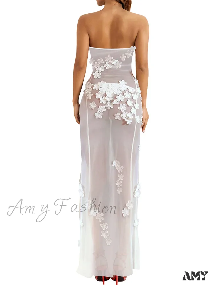 Amy Fashion - 3D Flowers Patchwork Tube for Women Strapless Off Shoulder Mesh Sheer See Through Summer Vestidos - Image 2