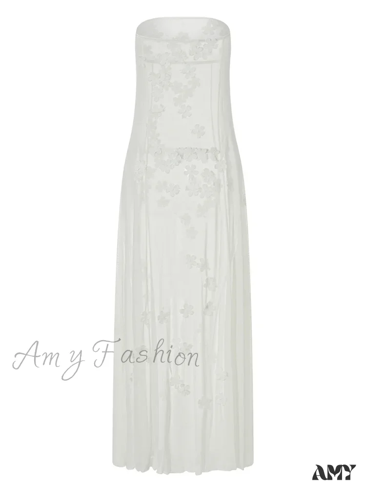 Amy Fashion - 3D Flowers Patchwork Tube for Women Strapless Off Shoulder Mesh Sheer See Through Summer Vestidos - Image 3