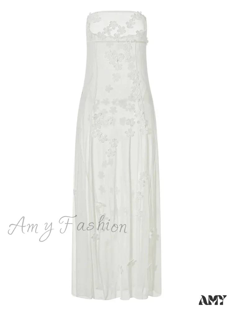 Amy Fashion - 3D Flowers Patchwork Tube for Women Strapless Off Shoulder Mesh Sheer See Through Summer Vestidos - Image 4