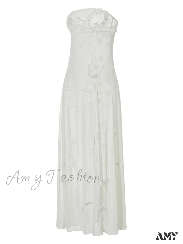 Amy Fashion - 3D Flowers Patchwork Tube for Women Strapless Off Shoulder Mesh Sheer See Through Summer Vestidos - Image 5