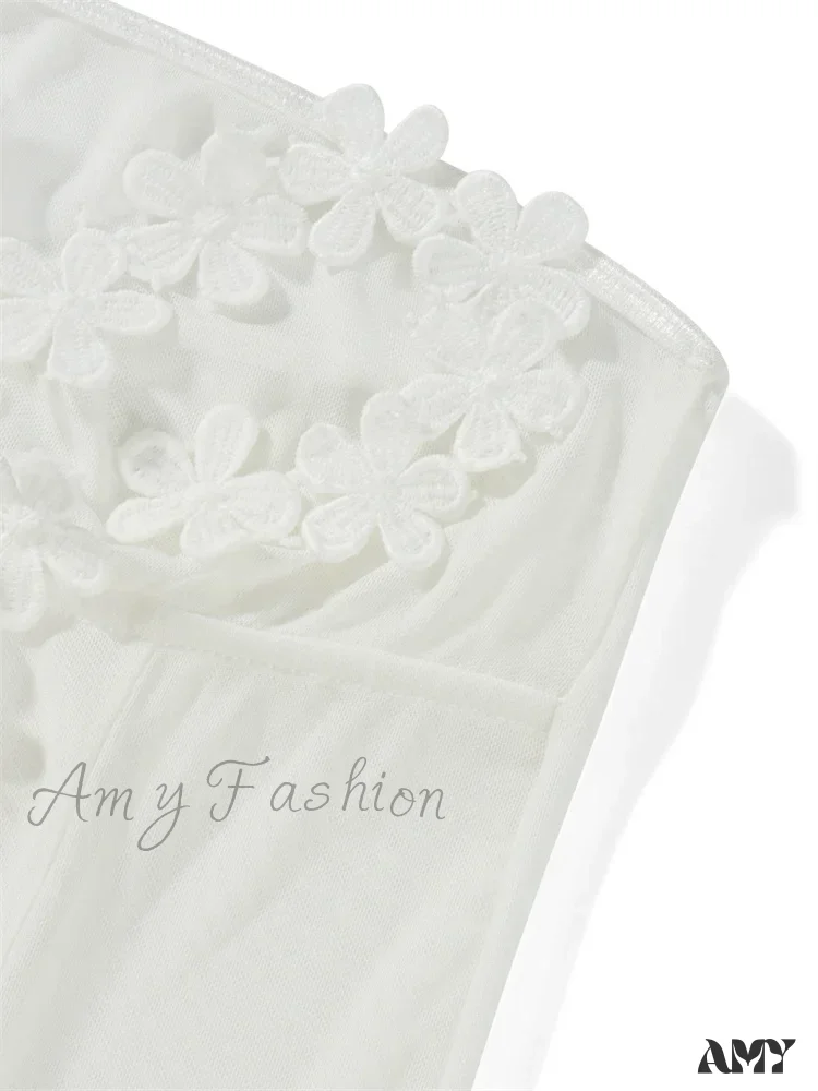Amy Fashion - 3D Flowers Patchwork Tube for Women Strapless Off Shoulder Mesh Sheer See Through Summer Vestidos - Image 6