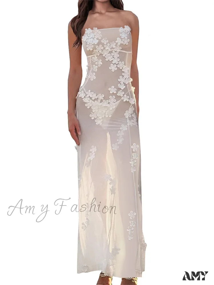 Amy Fashion - 3D Flowers Patchwork Tube for Women Strapless Off Shoulder Mesh Sheer See Through Summer Vestidos - Image 7