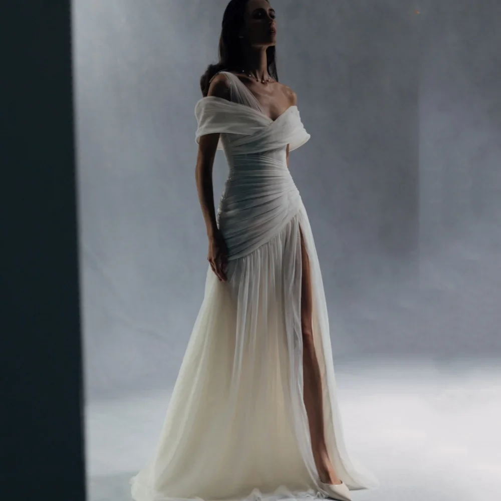 A Line Off Shoulder High Split Tulle Prom Dress