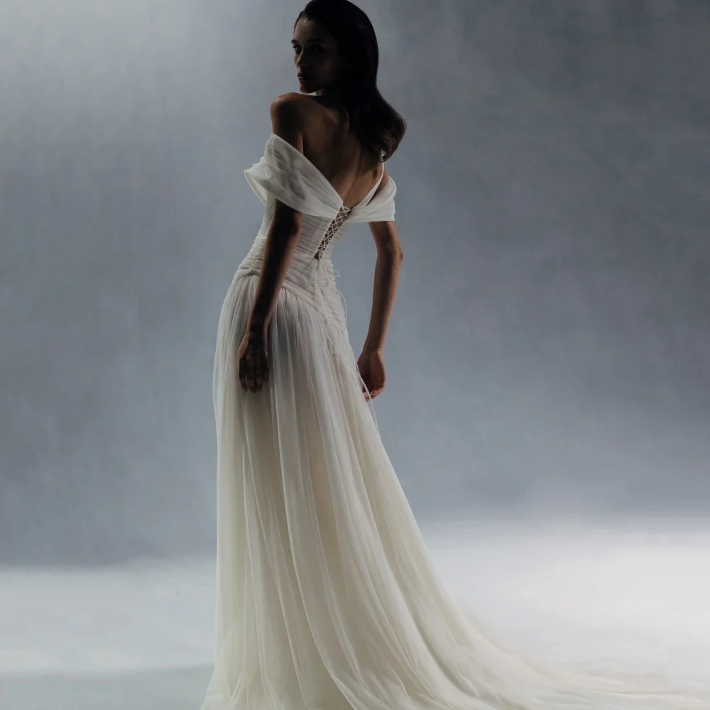 A Line Off Shoulder High Split Tulle Prom Dress - Image 2