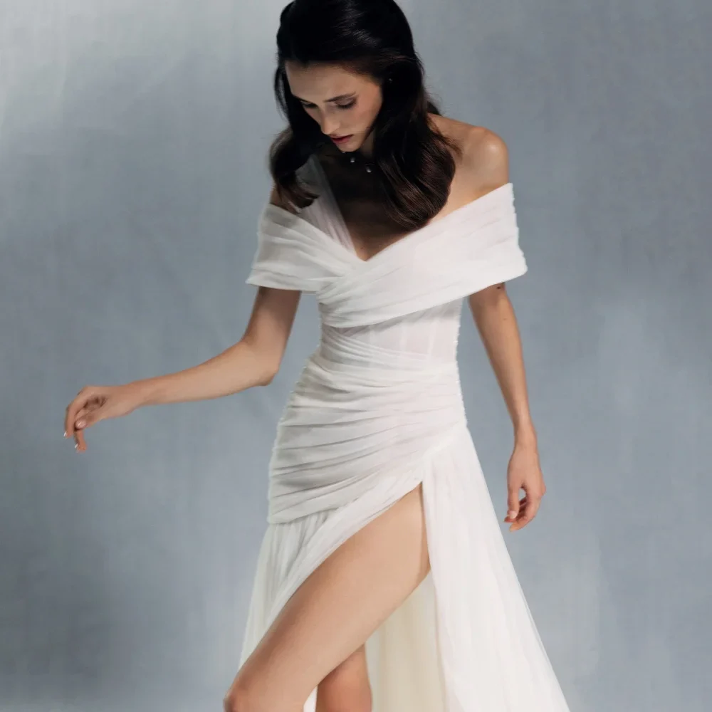 A Line Off Shoulder High Split Tulle Prom Dress - Image 3