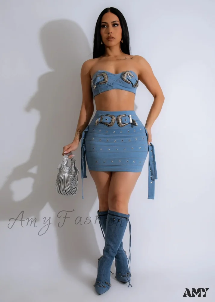 Adjustable Stylish Denim Strapless Skirt Suit - Image 5