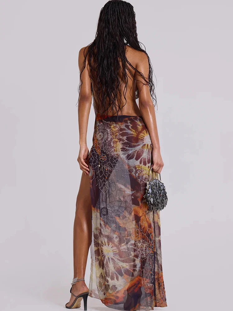 Aesthetic Print Mesh Split Maxi Dress - Image 2
