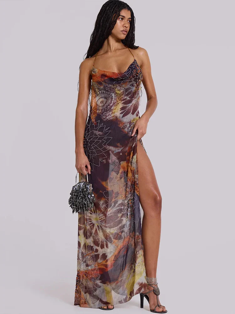 Aesthetic Print Mesh Split Maxi Dress - Image 3