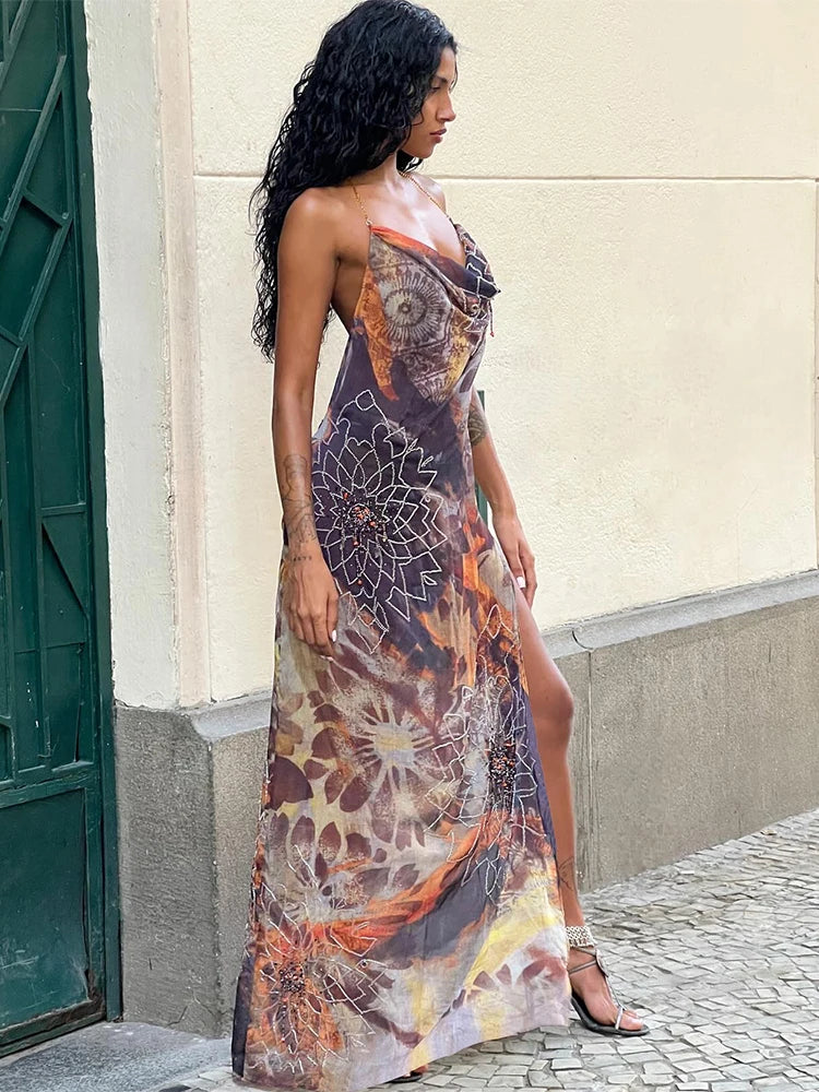 Aesthetic Print Mesh Split Maxi Dress - Image 4