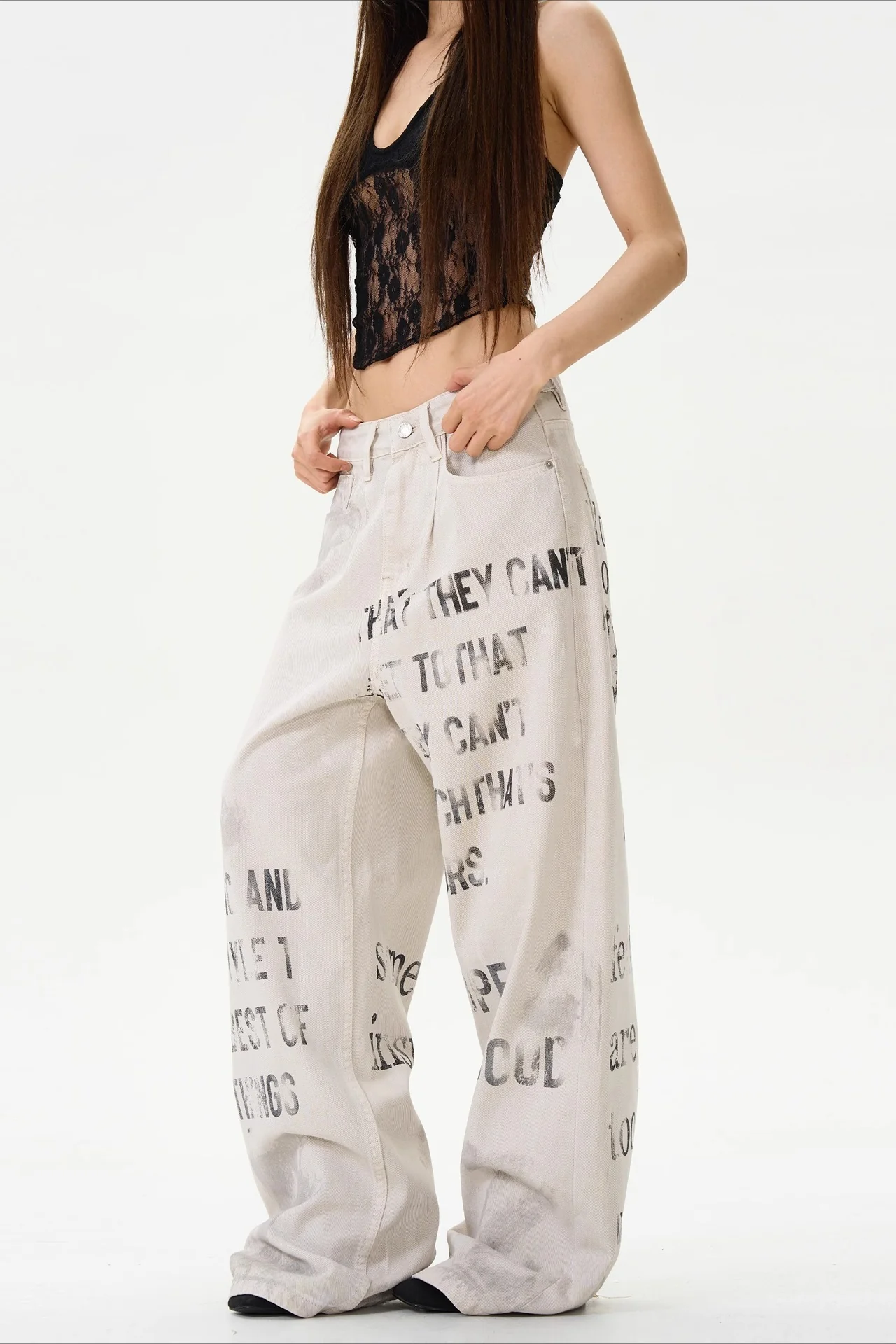 American Vintage Letter Graffiti Chic Slim Fit Jeans - Image 2