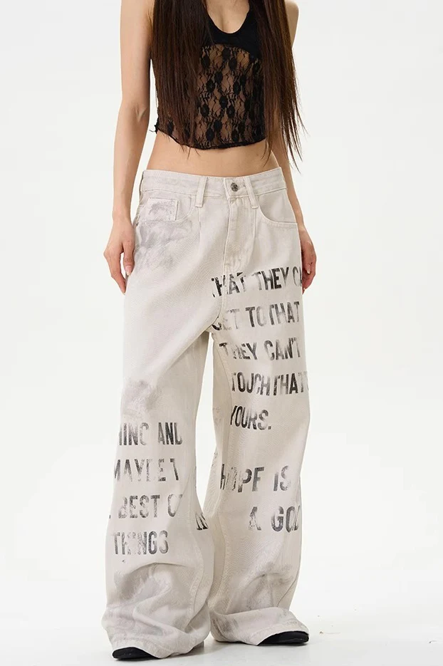 American Vintage Letter Graffiti Chic Slim Fit Jeans - Image 4