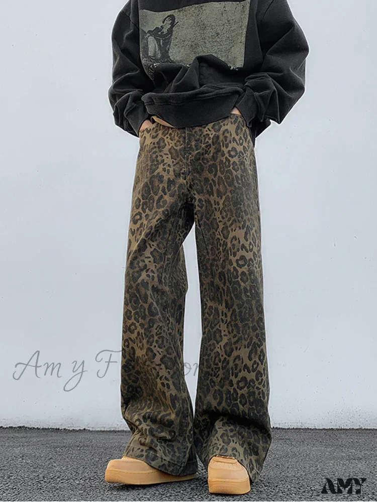 Amy Fashion - 2024 Y2K Leopard Print Wide Leg Women High Waisted Fashion Streetwear Retro Denim Baggy Casual Straight Jean - Image 2