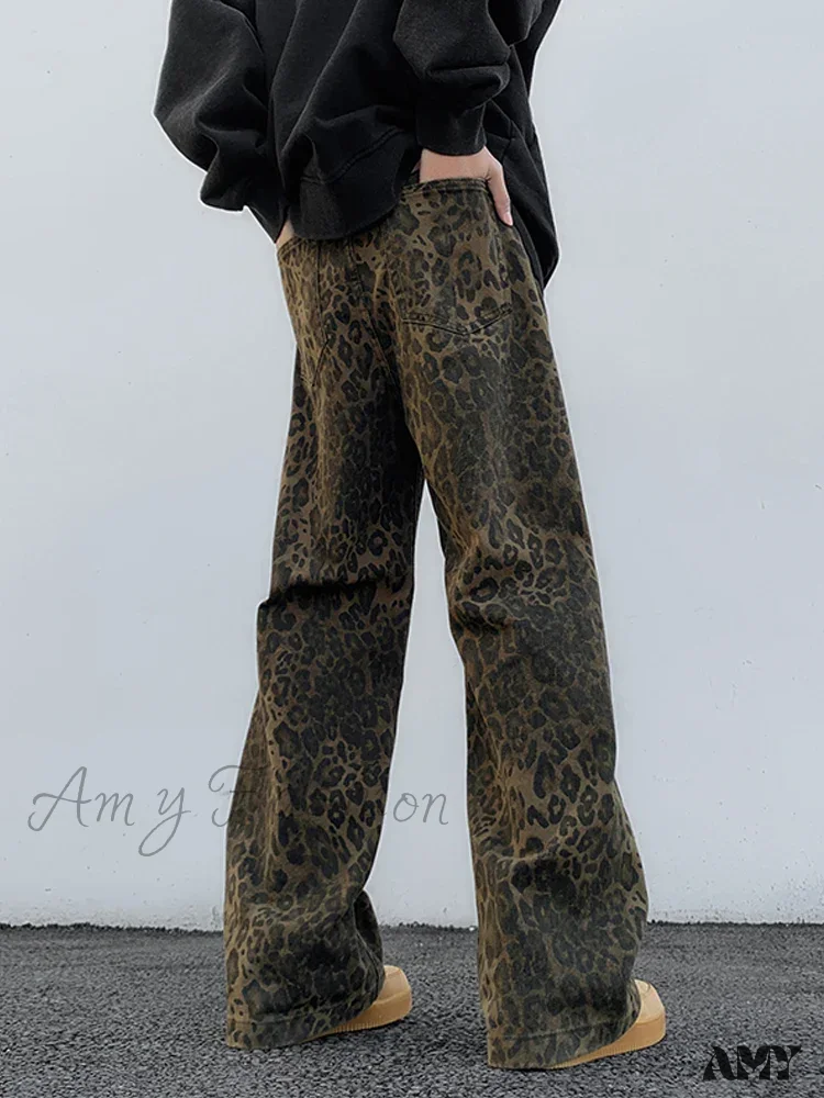 Amy Fashion - 2024 Y2K Leopard Print Wide Leg Women High Waisted Fashion Streetwear Retro Denim Baggy Casual Straight Jean - Image 3