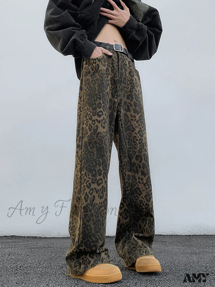 Amy Fashion - 2024 Y2K Leopard Print Wide Leg Women High Waisted Fashion Streetwear Retro Denim Baggy Casual Straight Jean - Image 4