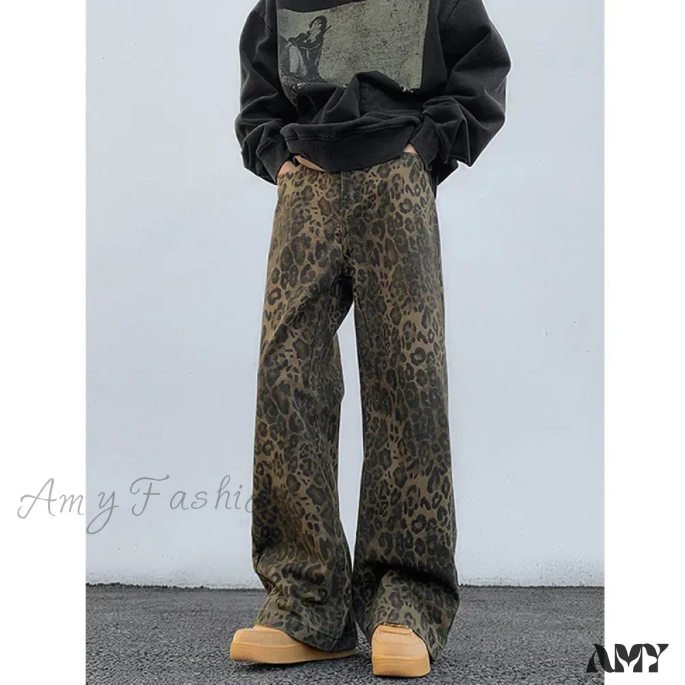 Amy Fashion - 2024 Y2K Leopard Print Wide Leg Women High Waisted Fashion Streetwear Retro Denim Baggy Casual Straight Jean - Image 7