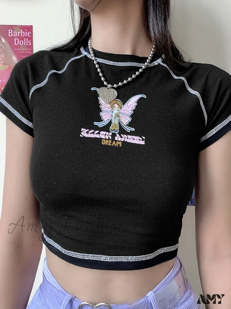 AMY FASHION - Butterfly Graphic Green Short Sleeve Vintage Tee Crop Top - Image 4
