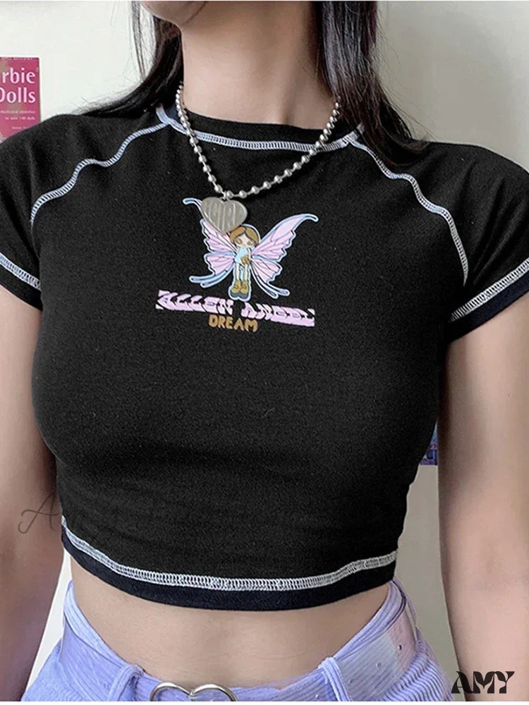AMY FASHION - Butterfly Graphic Green Short Sleeve Vintage Tee Crop Top - Image 5