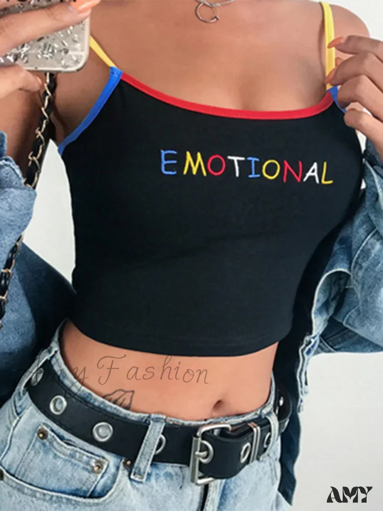 AMY FASHION - Cropped Spaghetti Strap EMOTIONAL Letter Tank Tops Crop Top - Image 2