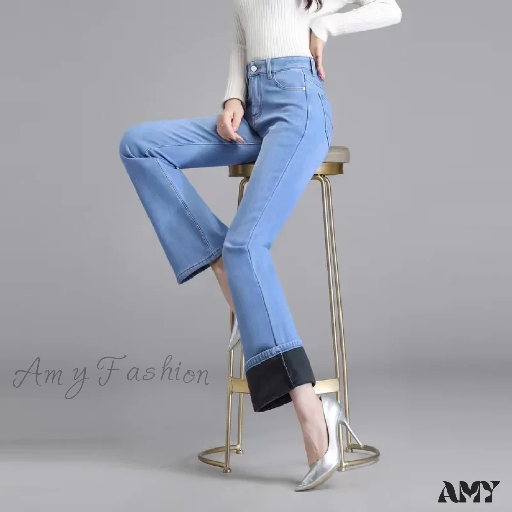 Amy Fashion - Elastic High Waist Woman Flare 2024 New Korean Fashion Clothing Pockets Slim Denim Solid Casual Flare Jean - Image 3