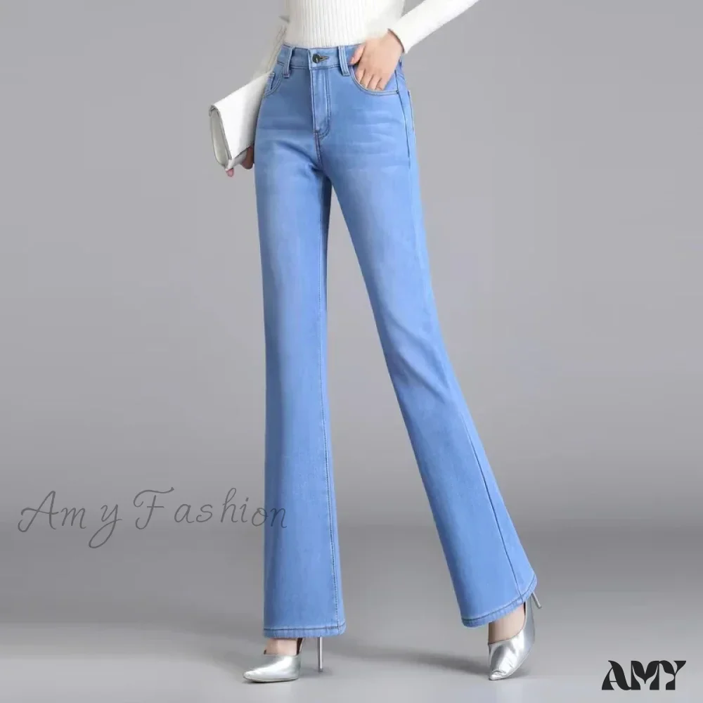 Amy Fashion - Elastic High Waist Woman Flare 2024 New Korean Fashion Clothing Pockets Slim Denim Solid Casual Flare Jean - Image 4
