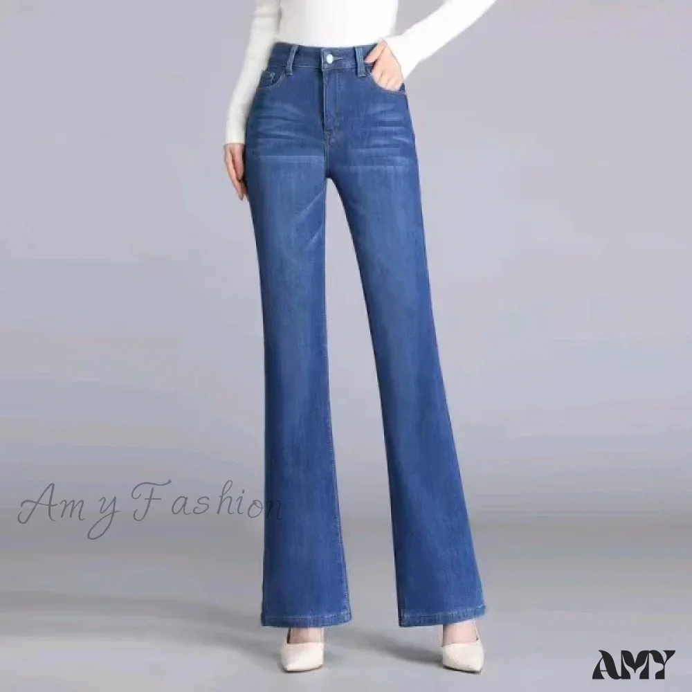 Amy Fashion - Elastic High Waist Woman Flare 2024 New Korean Fashion Clothing Pockets Slim Denim Solid Casual Flare Jean - Image 5