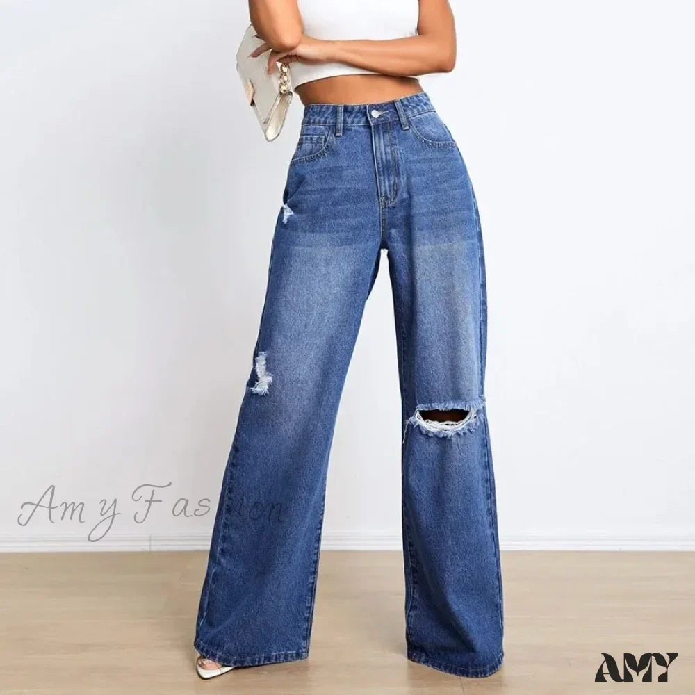Amy Fashion - New Loose Ripped Fashion High Waist Wide Leg Casual Y2K Jean - Image 3