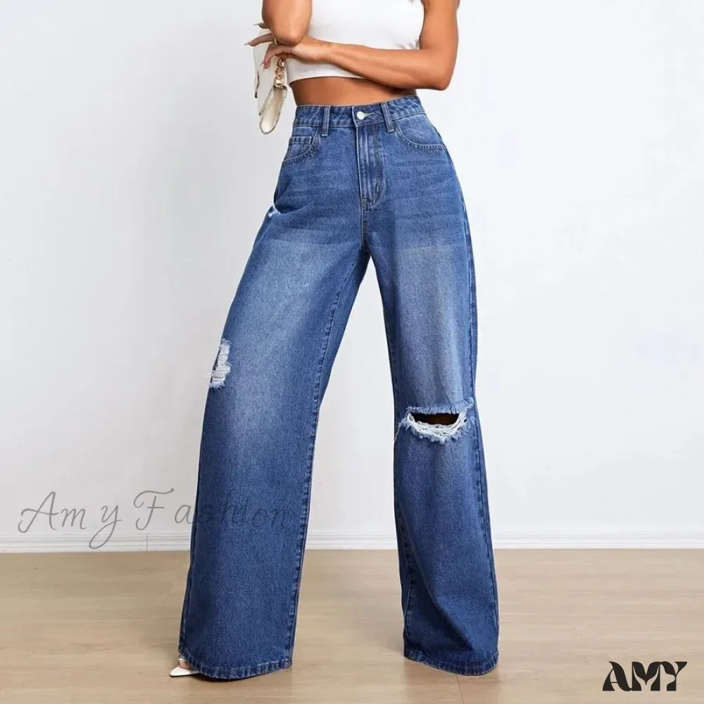 Amy Fashion - New Loose Ripped Fashion High Waist Wide Leg Casual Y2K Jean - Image 4