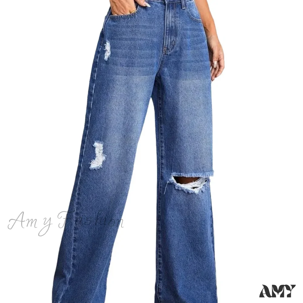 Amy Fashion - New Loose Ripped Fashion High Waist Wide Leg Casual Y2K Jean - Image 5