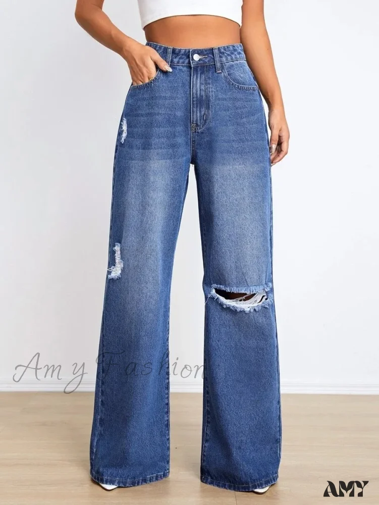 Amy Fashion - New Loose Ripped Fashion High Waist Wide Leg Casual Y2K Jean - Image 6