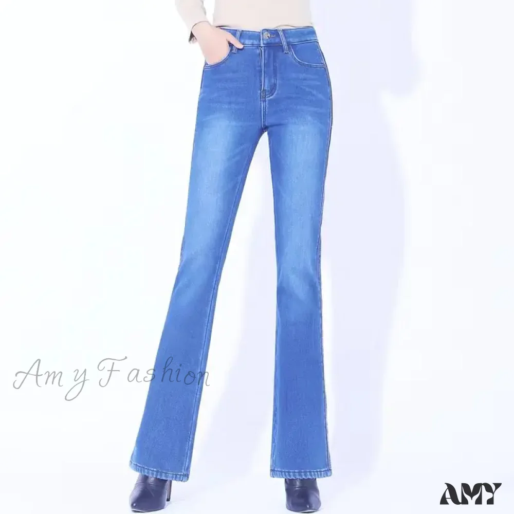 Amy Fashion - Winter Thicken Warm Stretch Woman Flare 2024 New High Waist Korean Fashion Pockets Solid Casual Slim Flared Denim Jean - Image 2