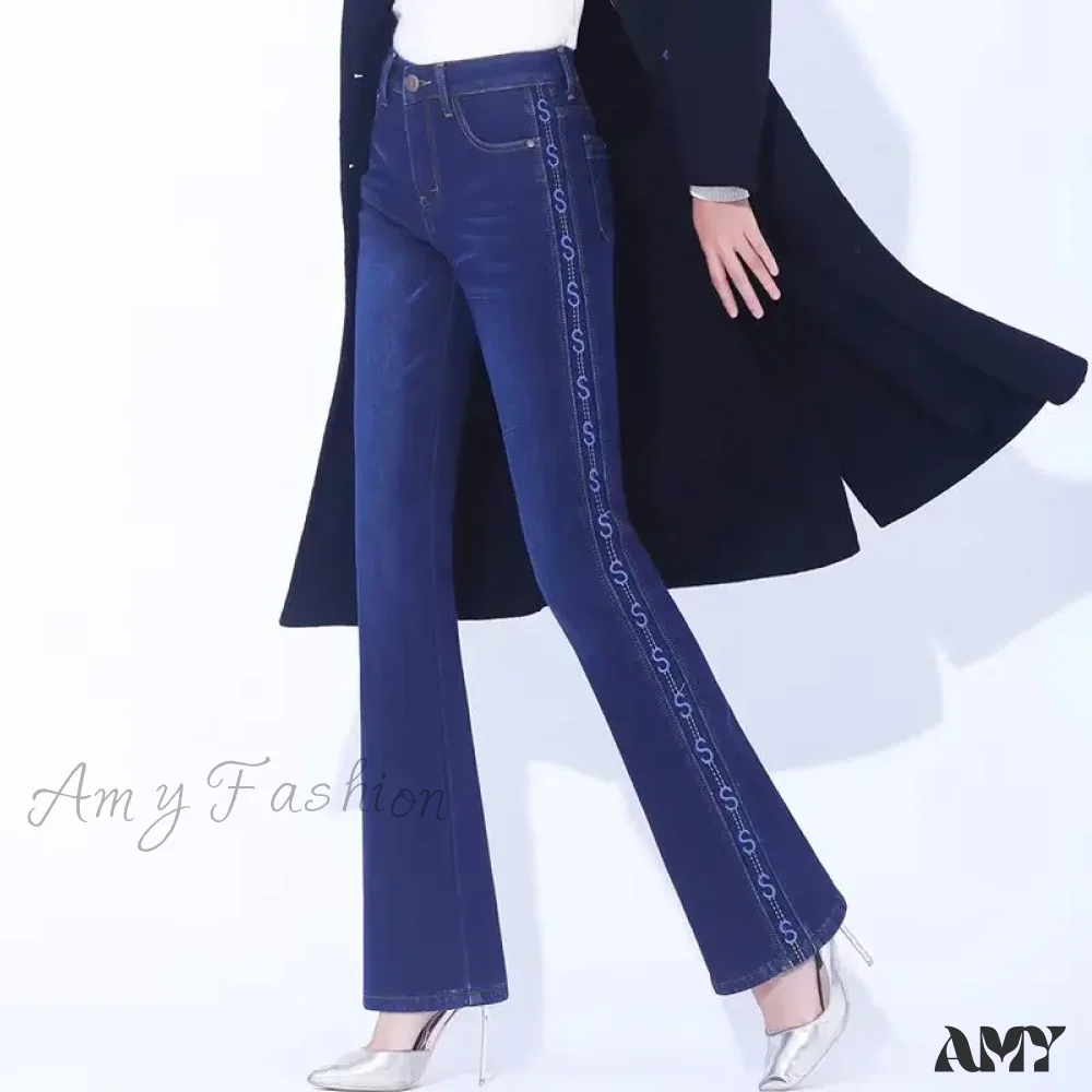 Amy Fashion - Winter Thicken Warm Stretch Woman Flare 2024 New High Waist Korean Fashion Pockets Solid Casual Slim Flared Denim Jean - Image 3