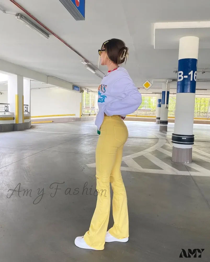 Amy Fashion - Yellow Ripped Women Flare Lady Stretch Vintage High Waist Denim Pants Lady Y2K Punk Streetwear Slim Bell Bottom Trousers Jean - Image 3