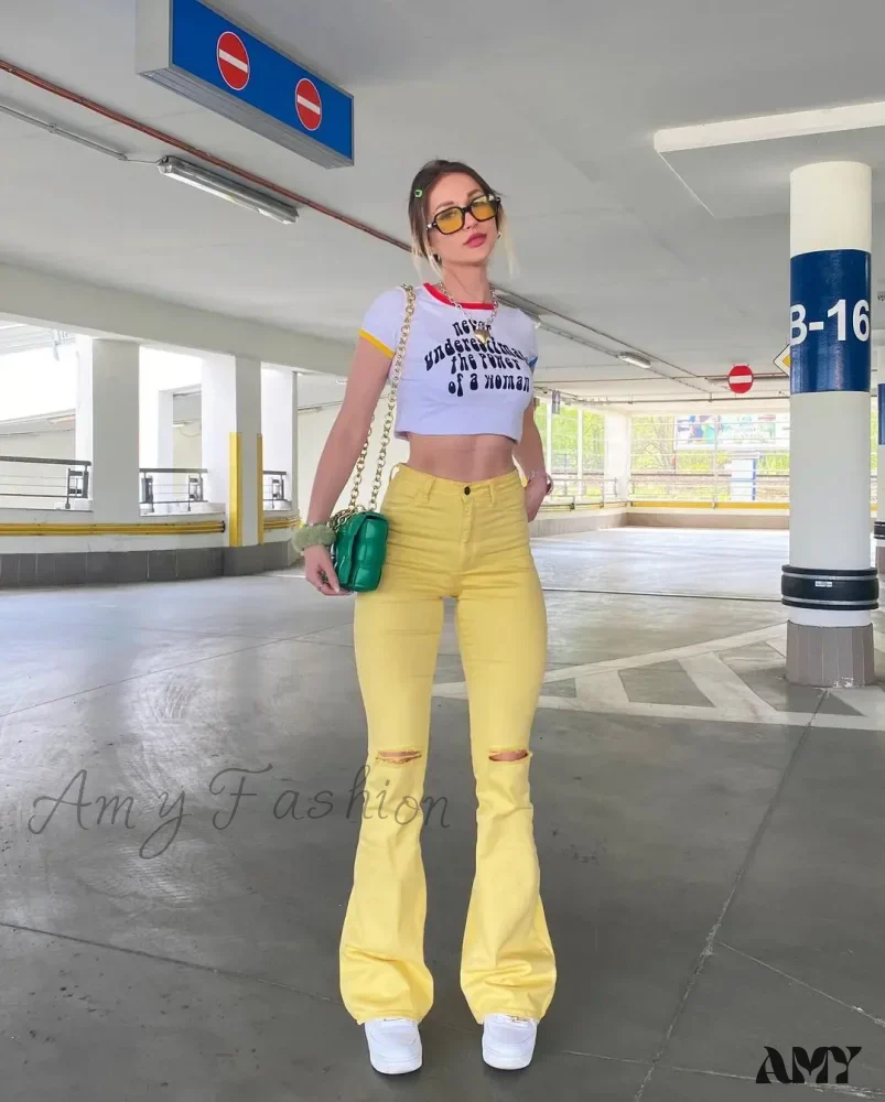 Amy Fashion - Yellow Ripped Women Flare Lady Stretch Vintage High Waist Denim Pants Lady Y2K Punk Streetwear Slim Bell Bottom Trousers Jean - Image 4