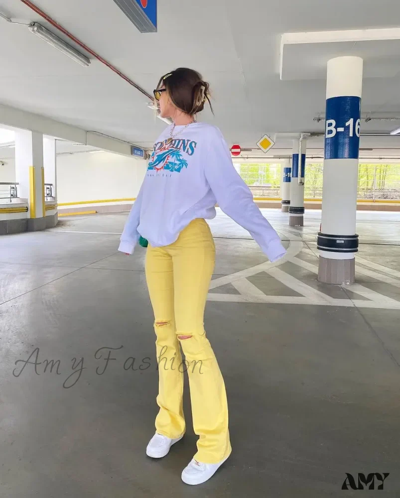 Amy Fashion - Yellow Ripped Women Flare Lady Stretch Vintage High Waist Denim Pants Lady Y2K Punk Streetwear Slim Bell Bottom Trousers Jean - Image 5