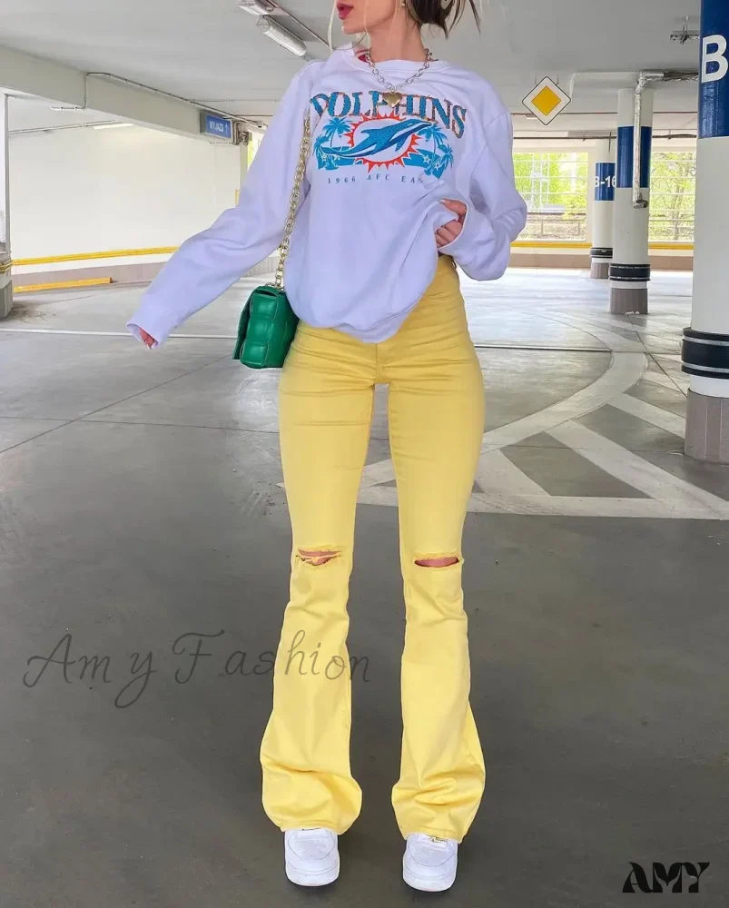 Amy Fashion - Yellow Ripped Women Flare Lady Stretch Vintage High Waist Denim Pants Lady Y2K Punk Streetwear Slim Bell Bottom Trousers Jean - Image 6